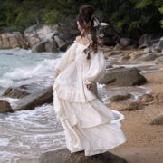 Rustic Raw Cotton Boho Wedding Dress: Tiered Poet Sleeves - Stella - Image 4