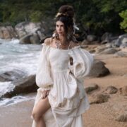 Rustic Raw Cotton Boho Wedding Dress: Tiered Poet Sleeves - Stella - Image 5