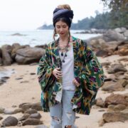 Rustic Teal Velvet Kimono Robe: Boho Ikat Cotton Jacket - Mei - Image 10