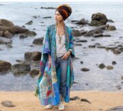 Plus Size Quilted Silk Kimono Duster: Glacier Prism Patchwork Robe - Ember
