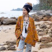 Garnet Rose Velvet Kimono Robe: Boho Floral Cotton Jacket - Mei - Image 10