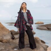 Indigo Peony Velvet Kimono Robe: Boho Floral Cotton Jacket - Mei