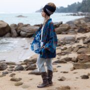 Azure Bloom Velvet Kimono Robe: Reversible Floral Cotton-Lined Jacket - Mei - Image 2