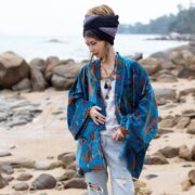 Azure Bloom Velvet Kimono Robe: Reversible Floral Cotton-Lined Jacket - Mei - Image 4