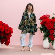 Velvet Kimono Jacket: Boho Floral Cotton Wrap, Emerald Canopy - Mei - Image 5