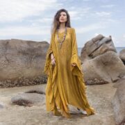 Marigold Sunset Mesh Kaftan Dress - Boho Beach Cover-Up | Sheer Cardigan | Flowy, Versatile, Bold, Flirtatious Style | Ondine by ZinniaPearl