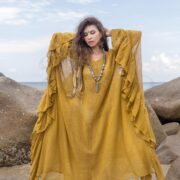 Marigold Sunset Mesh Kaftan Dress - Boho Beach Cover-Up | Sheer Cardigan | Flowy, Versatile, Bold, Flirtatious Style | Ondine by ZinniaPearl - Image 4