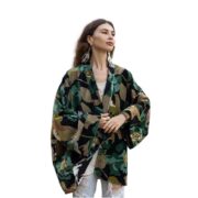 Velvet Kimono Jacket: Boho Floral Cotton Wrap, Emerald Canopy - Mei - Image 10