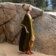 Plus Size Velvet Kimono Duster: Handmade Boho Lace Robe - Moss Green - Misty - Image 2