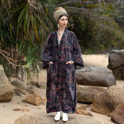 Handmade Bohemian Velvet Kimono Robe: Paisley Duster Coat, Plus Size - Harper Jade