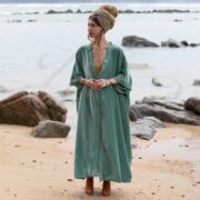 Plus Size Velvet Kimono Duster: Seafoam Boho Lace Robe - Misty