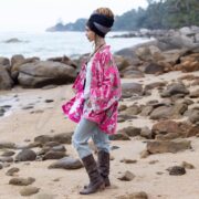 Rosewater Pink Velvet Kimono Robe: Boho Floral Cotton Jacket - Mei - Image 6