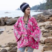 Rosewater Pink Velvet Kimono Robe: Boho Floral Cotton Jacket - Mei - Image 8