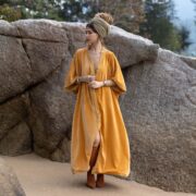 Plus Size Velvet Kimono Duster: Boho Lace Robe - Tuscan Gold - Misty