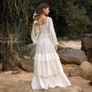 Rustic Raw Cotton Boho Wedding Dress: Tiered Poet Sleeves - Stella - Image 8