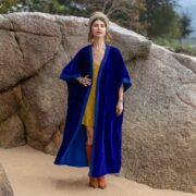 Plus Size Velvet Kimono: Royal Sapphire Lace Duster Robe - Misty