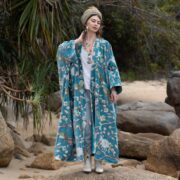 Plus Size Velvet Kimono Duster: Serene Sky Floral Boho Robe - Harper Jade - Image 7