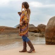 Galaxy Tie-Dye Kimono Top – Gold & Plum Crescent Burst | Plus Size Boho Caftan - Image 2