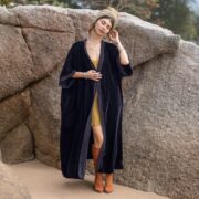 Silky Black Velvet Kimono Duster – Plus Size Boho Lace Maxi Robe | Misty by ZinniaPearl