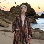 Plus Size Velvet Kimono Duster: Mahogany Ember Bloom Boho Robe - Harper Jade - Image 8