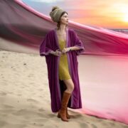 Plus Size Velvet Kimono Duster: Boho Lace Robe, Handmade Jacket - Misty - Image 5