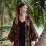 Plus Size Velvet Kimono Duster: Mahogany Floral Boho Coat - Mei - Image 4
