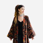 Plus Size Velvet Kimono Duster: Mahogany Floral Boho Coat - Mei - Image 10