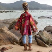 Quilted Silk Kimono Jacket: Fire Blossom Boho Patchwork Robe - Mei - Image 3