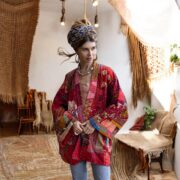 Quilted Silk Kimono Jacket: Fire Blossom Boho Patchwork Robe - Mei - Image 8