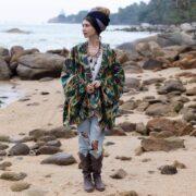 Rustic Teal Velvet Kimono Robe: Boho Ikat Cotton Jacket - Mei - Image 7