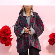 Indigo Peony Velvet Kimono Robe: Boho Floral Cotton Jacket - Mei - Image 10