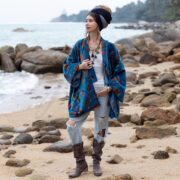 Azure Bloom Velvet Kimono Robe: Reversible Floral Cotton-Lined Jacket - Mei