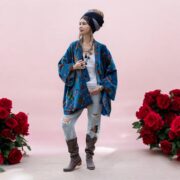 Azure Bloom Velvet Kimono Robe: Reversible Floral Cotton-Lined Jacket - Mei - Image 5