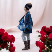 Azure Bloom Velvet Kimono Robe: Reversible Floral Cotton-Lined Jacket - Mei - Image 6