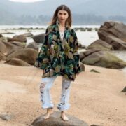 Velvet Kimono Jacket: Boho Floral Cotton Wrap, Emerald Canopy - Mei