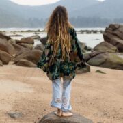 Velvet Kimono Jacket: Boho Floral Cotton Wrap, Emerald Canopy - Mei - Image 3