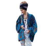 Azure Bloom Velvet Kimono Robe: Reversible Floral Cotton-Lined Jacket - Mei - Image 10