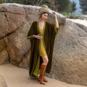 Plus Size Velvet Kimono Duster: Handmade Boho Lace Robe - Moss Green - Misty