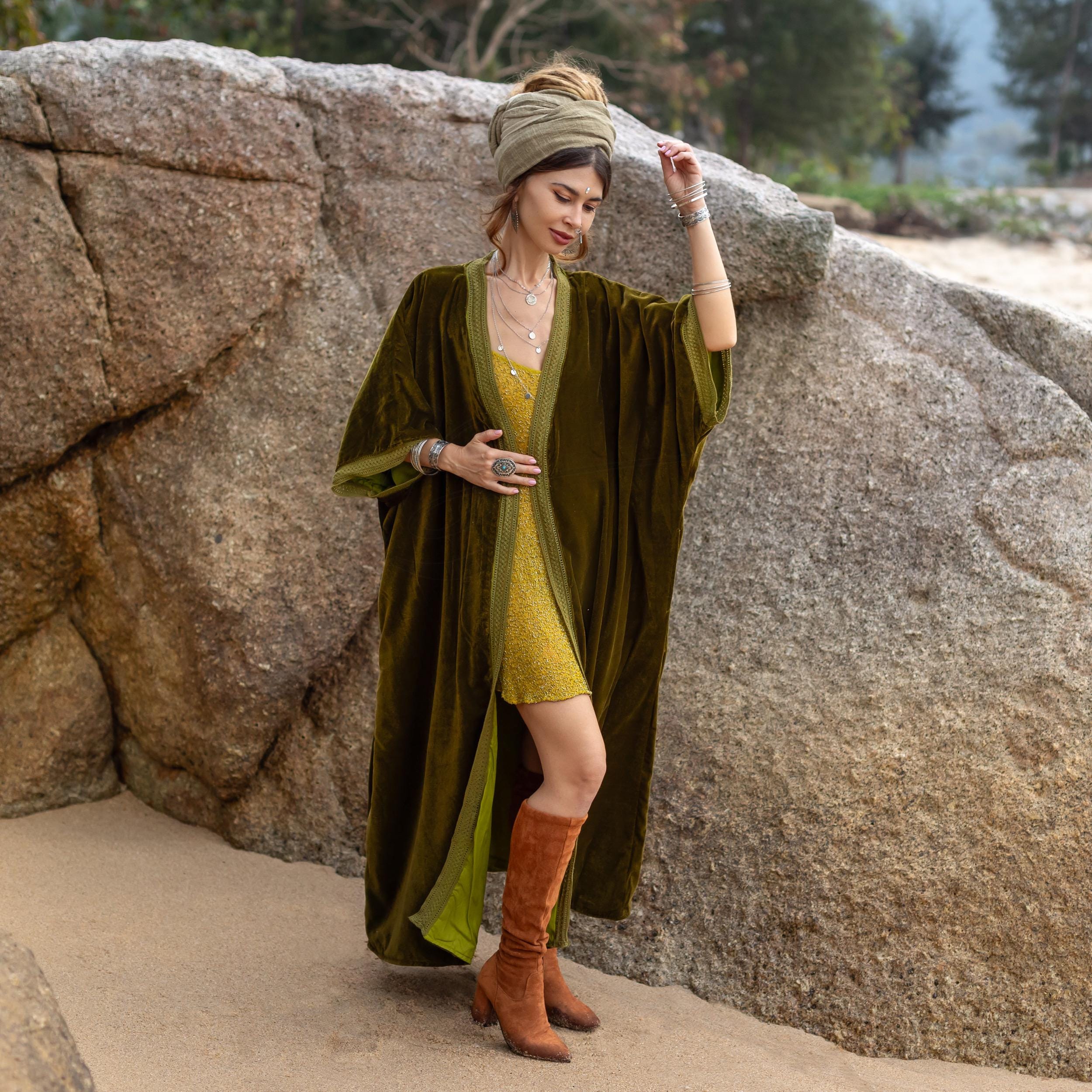 il_fullxfull.6680875493_17ph.jpg Plus Size Velvet Kimono Duster: Handmade Boho Lace Robe - Moss Green - Misty - Image 1
