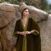 Plus Size Velvet Kimono Duster: Handmade Boho Lace Robe - Moss Green - Misty - Image 4
