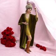 Plus Size Velvet Kimono Duster: Handmade Boho Lace Robe - Moss Green - Misty - Image 5