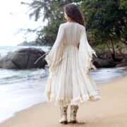 Raw Cotton Boho Maxi Kimono Duster: Ruffled Bridal Robe - Cara - Image 3