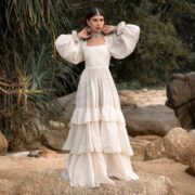 Rustic Raw Cotton Boho Wedding Dress: Tiered Poet Sleeves - Stella - Image 7