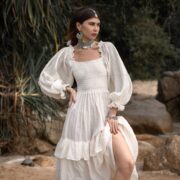 Rustic Raw Cotton Boho Wedding Dress: Tiered Poet Sleeves - Stella - Image 9
