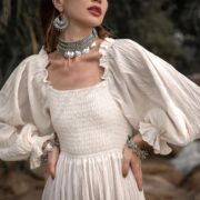 Rustic Raw Cotton Boho Wedding Dress: Tiered Poet Sleeves - Stella - Image 10