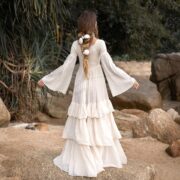 Boho Wedding Dress: Raw Cotton Tiered Maxi Gown, Bell Sleeves - Lucia - Image 3