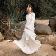 Boho Wedding Dress: Raw Cotton Tiered Maxi Gown, Bell Sleeves - Lucia - Image 4