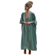 Plus Size Velvet Kimono Duster: Seafoam Boho Lace Robe - Misty - Image 9