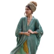 Plus Size Velvet Kimono Duster: Seafoam Boho Lace Robe - Misty - Image 10