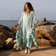 Aqua Breeze Boho Maxi Dress: Rayon Kaftan, V-Neck Festival Dress - Wild Heart